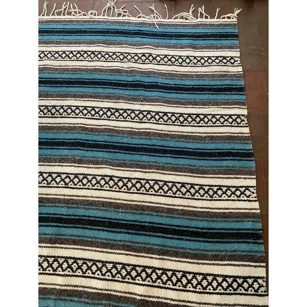 Turquoise Blue White Black Gray Western Blanket Falsa Fringed Throw 75” X 52”